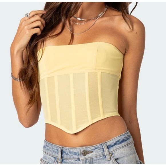 Edikted Tops - Edikted Evangeline Sheer Mesh Corset Size L Butter Yellow Fairy Boned Tank Top
